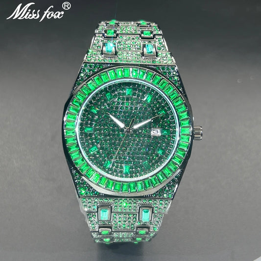 New Green Diamond Watch For Men Luxury Hip Hop Diamond Watches Unique Bling Ice Out Luminous Waterproof 2024 Wristwatch For Gift