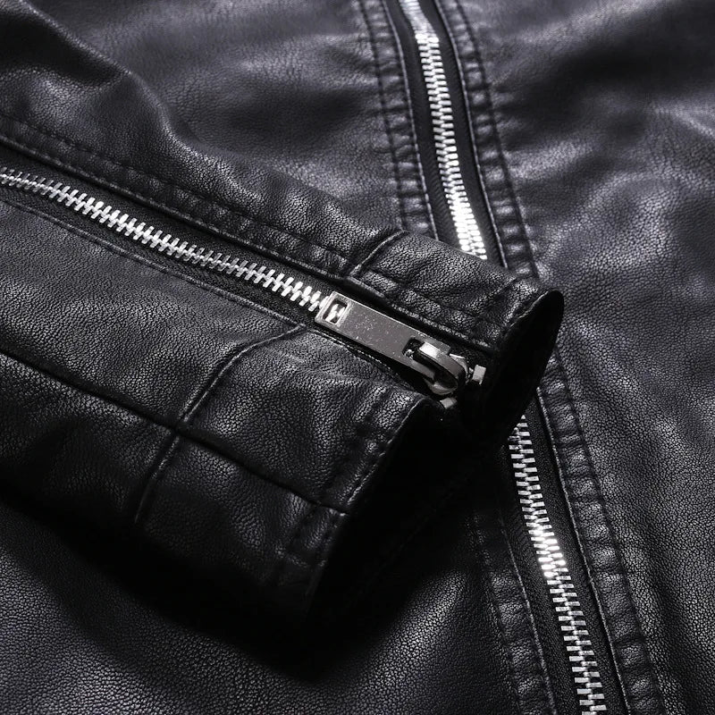 Men's standing collar leather jacket autumn oversized slim motorcycle cycling suit winter thickened PU leather work clothes