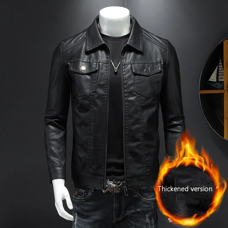 Men's lapel leather jacket autumn oversized slim motorcycle riding suit winter thickened PU leather waterproof work clothes