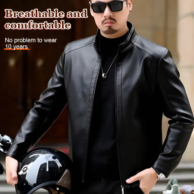 Men's Leather Jacket Stand Collar Jacket Men's Casual PU Leather Jacket Casual Men's Pu Leather Jacket Middleaged Men's Jacket