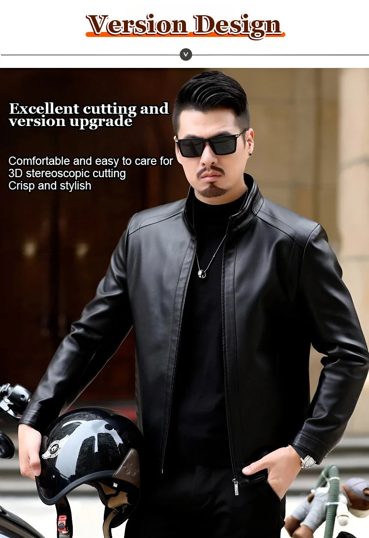 Men's Leather Jacket Stand Collar Jacket Men's Casual PU Leather Jacket Casual Men's Pu Leather Jacket Middleaged Men's Jacket