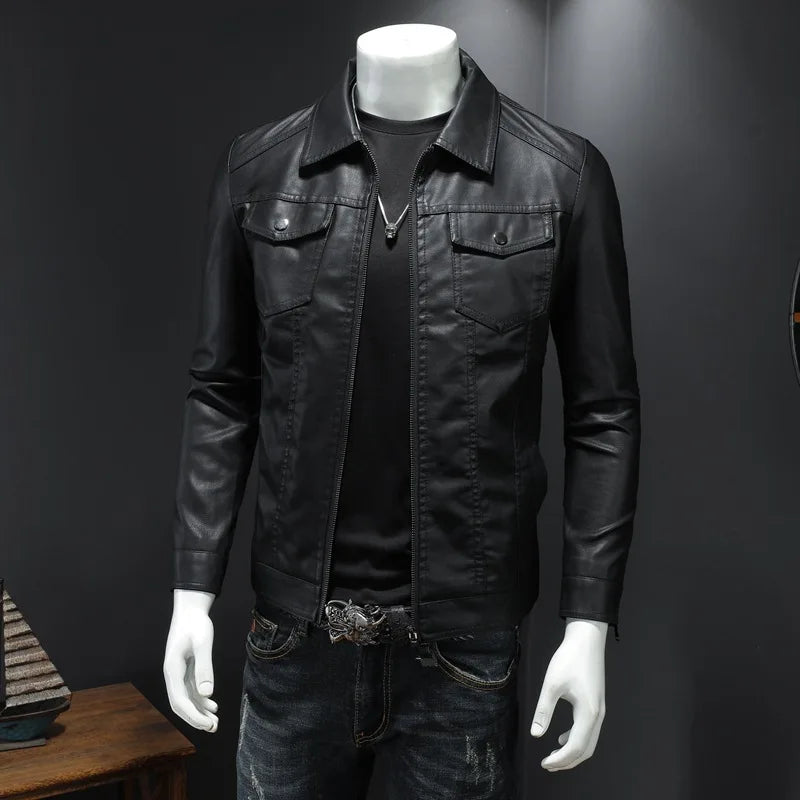 Men's lapel leather jacket autumn oversized slim motorcycle riding suit winter thickened PU leather waterproof work clothes