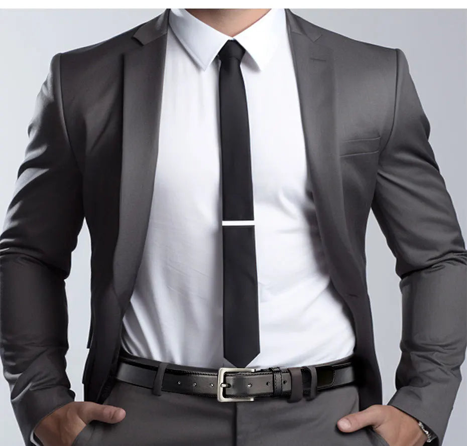 Maikun Men's Black Leather Belt Black For Trousers Classic Black Alloy Pin Buckle Business Second Layer Leather Belt