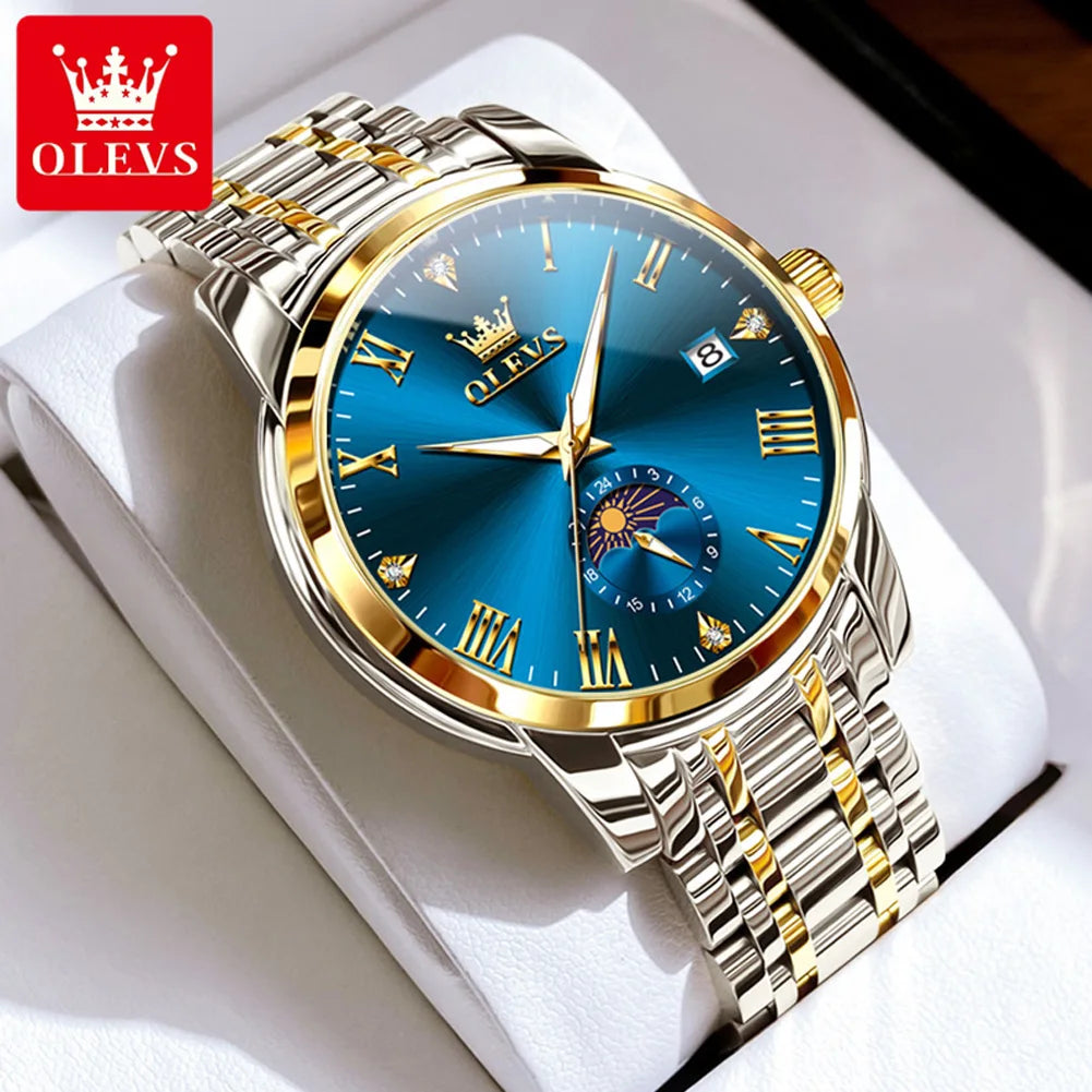 OLEVS Men's Wacthes Trend Fashion Original Quartz Wristwatch 3656 Waterproof Luminous Date Moon Phase Watch for Man Gold Blue