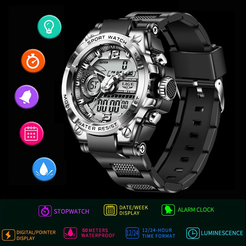 LIGE Casual Sports Electronic Quartz Man Watch Dual Digital Display Creative Watches for Men Waterproof HD Luminous Alarm Clocks