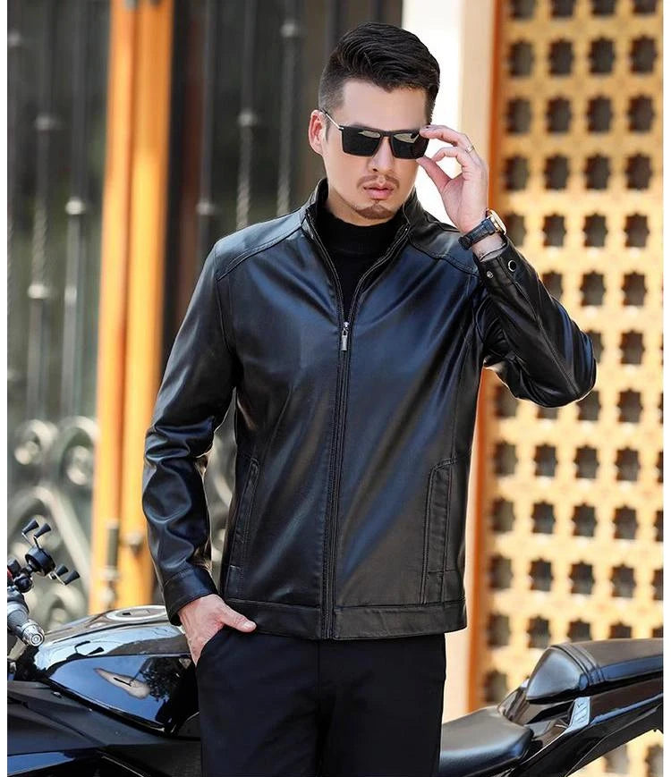 Men's Leather Jacket Stand Collar Jacket Men's Casual PU Leather Jacket Casual Men's Pu Leather Jacket Middleaged Men's Jacket