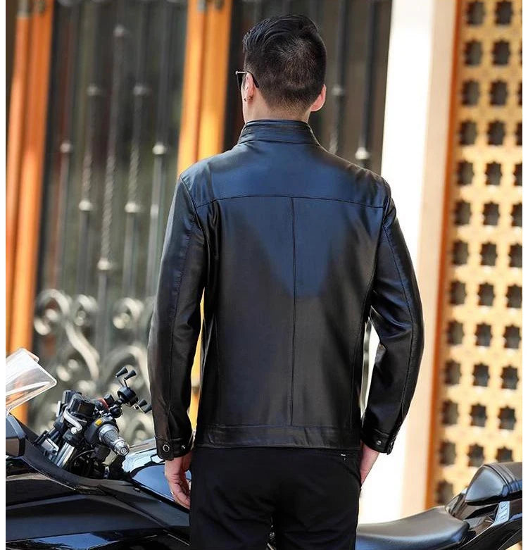 Men's Leather Jacket Stand Collar Jacket Men's Casual PU Leather Jacket Casual Men's Pu Leather Jacket Middleaged Men's Jacket