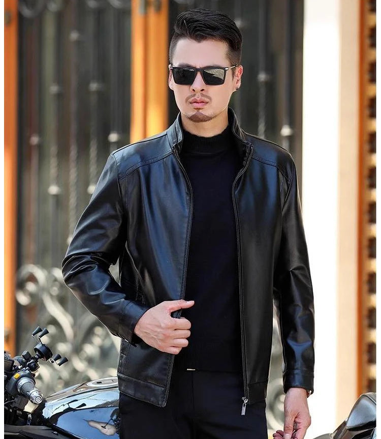 Men's Leather Jacket Stand Collar Jacket Men's Casual PU Leather Jacket Casual Men's Pu Leather Jacket Middleaged Men's Jacket